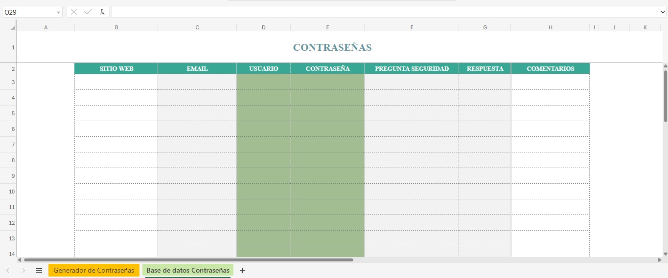 Plantilla Excel para Generar y Guardar Contraseñas