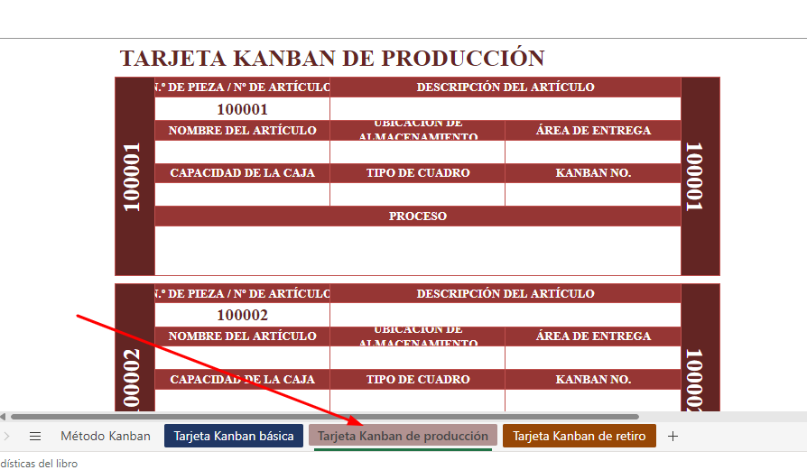 tarjeta kanban produccion excel