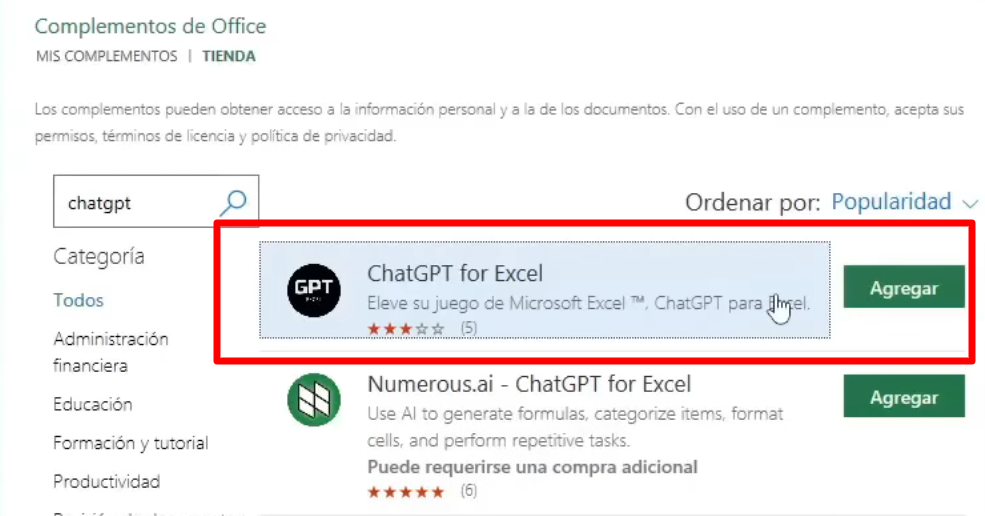 instalar extension chatgpt for excel paso 2