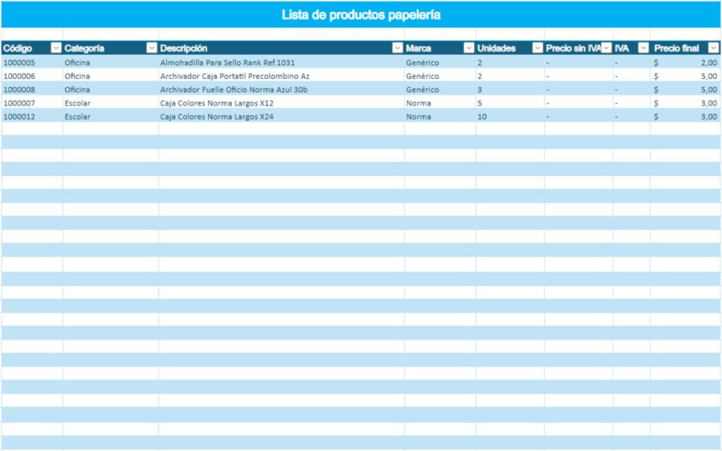 plantilla excel lista de precios y productos de papeleria