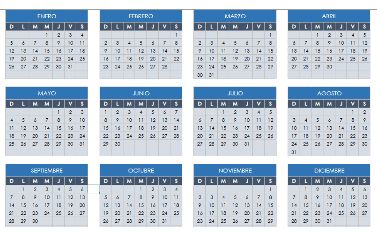 plantilla excel calendario 2025 semanal, mensual, trimestral y anual