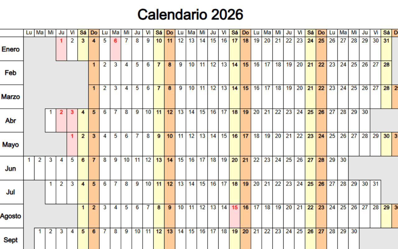 plantilla excel calendario 2026 semanal, mensual, trimestral y anual