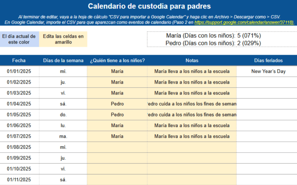 plantilla excel calendario de custodia compartida