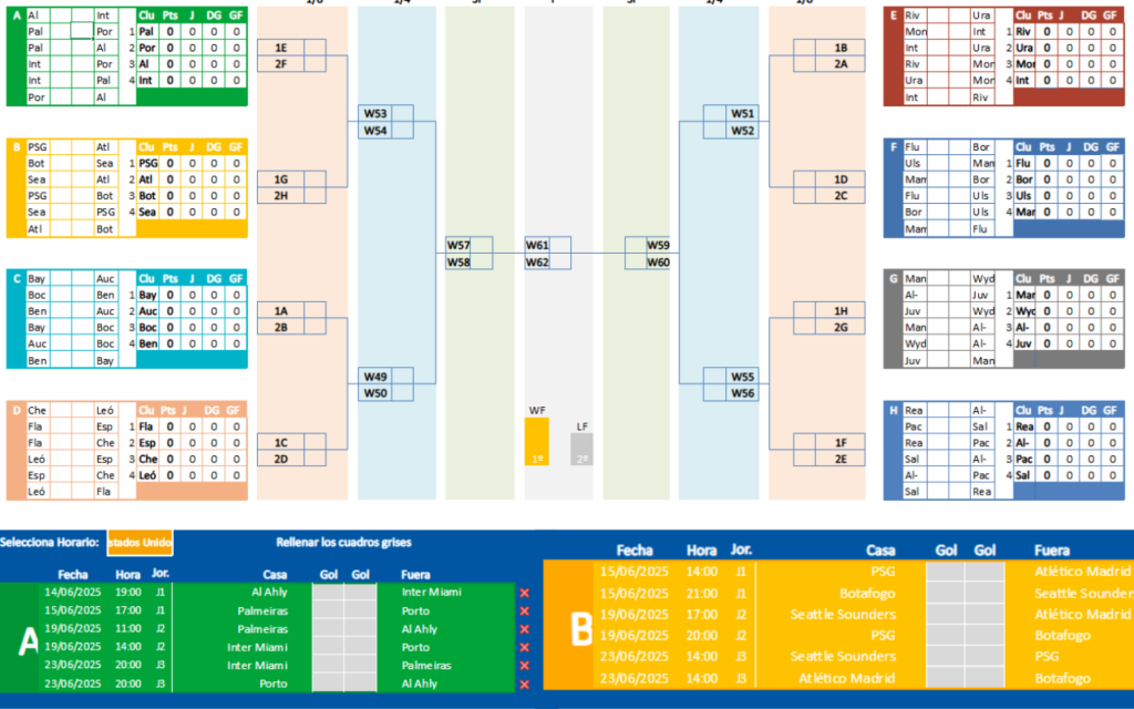 plantilla excel fixture y cruces del mundial de clubes FIFA 2025